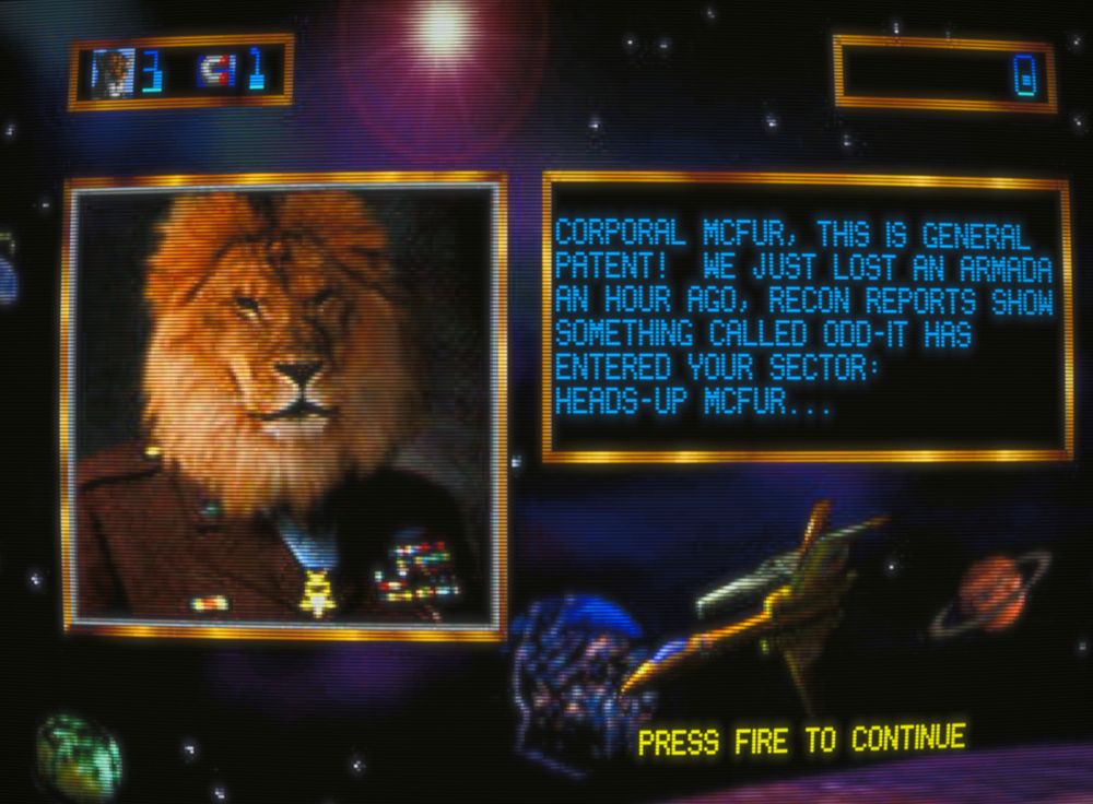 A screenie of a briefing screen with rendered ships and galaxies against a spacey backdrop with a Photoshopped (or equivalent in 1993) image of a lion's head on someone wearing a maroon military uniform bristling with ribbons and medals. 