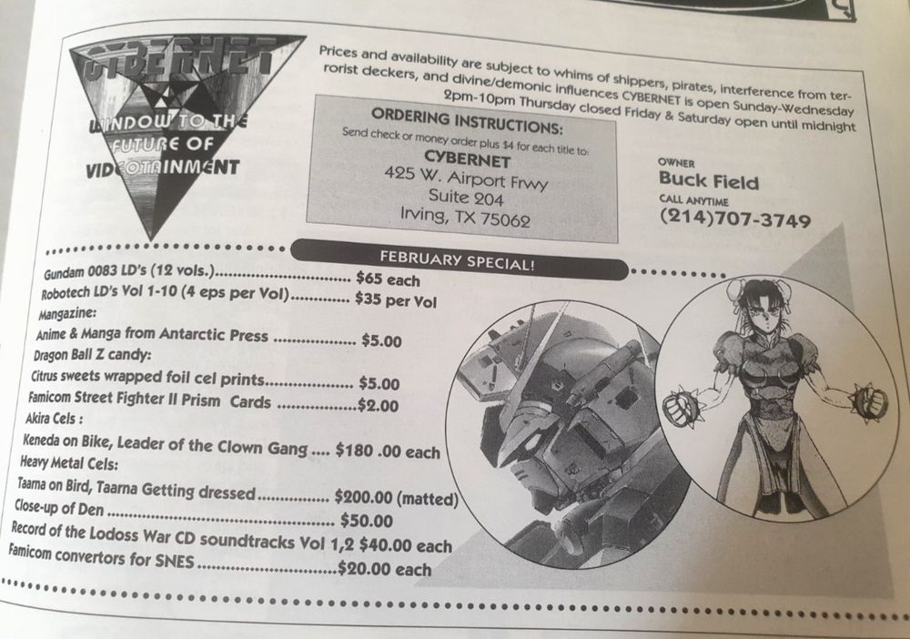 A photograph of an ad for an anime and manga store called Cybernet, operating out of Irving, Texas. It offers Gundam Laser Discs, Dragon Ball Z candy, Akira cells, Lodoss War CD soundtracks, and Famicom converters for SNES. There's a pic of a Gundam in profile and chun-li too.