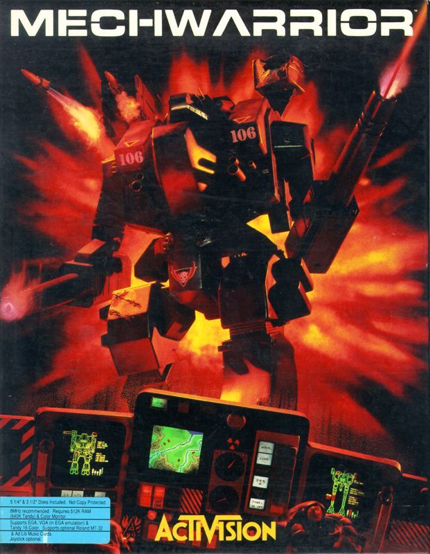 The cover for Mechwarrior's DOS release from Activision with a striking render of a mech exploding in flame in front of an angled photo of what looks to be a physical cockpit with overlays on it, put together for the shot.