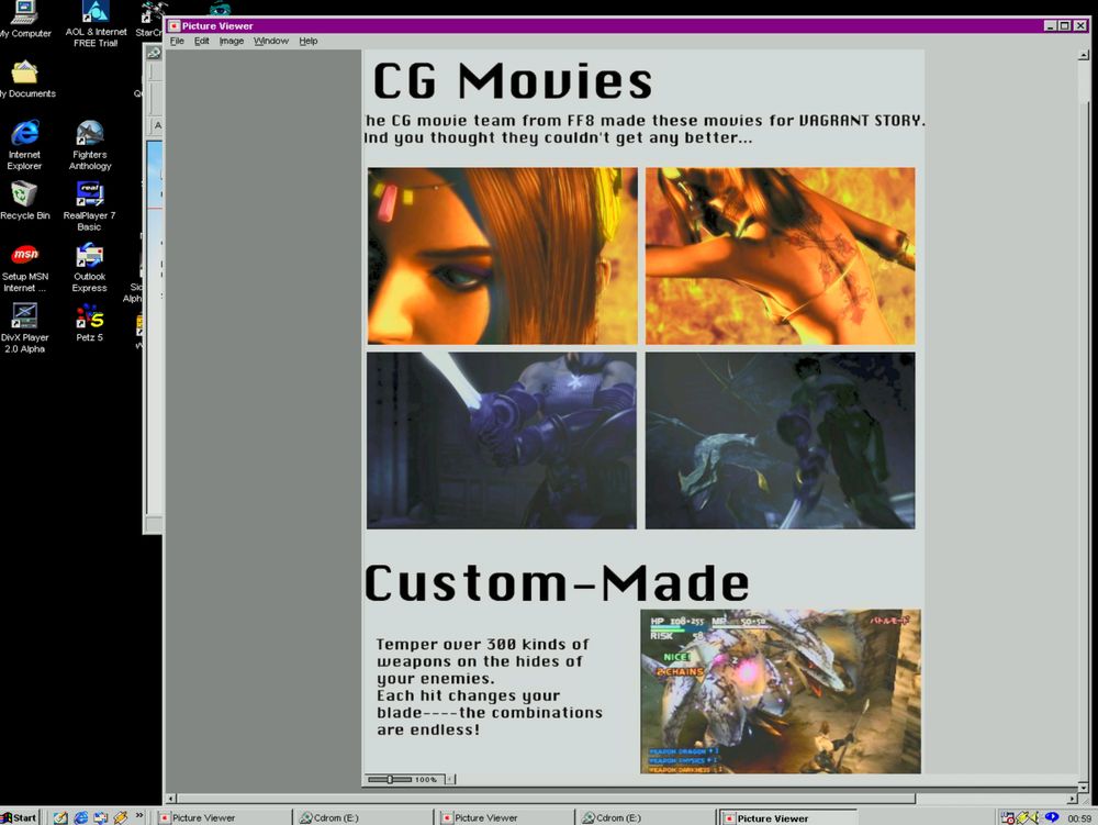 A Windows 98 screenie of an image file open in Quicktime with a CG Movies section showcasing stills of Vagrant Story's intro with the fiery dancer. There's a 'Custom-Made' section showcasing that it has 300 kinds of weapons to temper on the hides of your enemies and shows a gameplay snap.