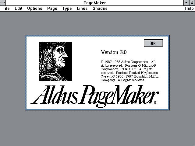 A snap from Aldus PageMaker, the DTP program for Mac, first released in 1985. 