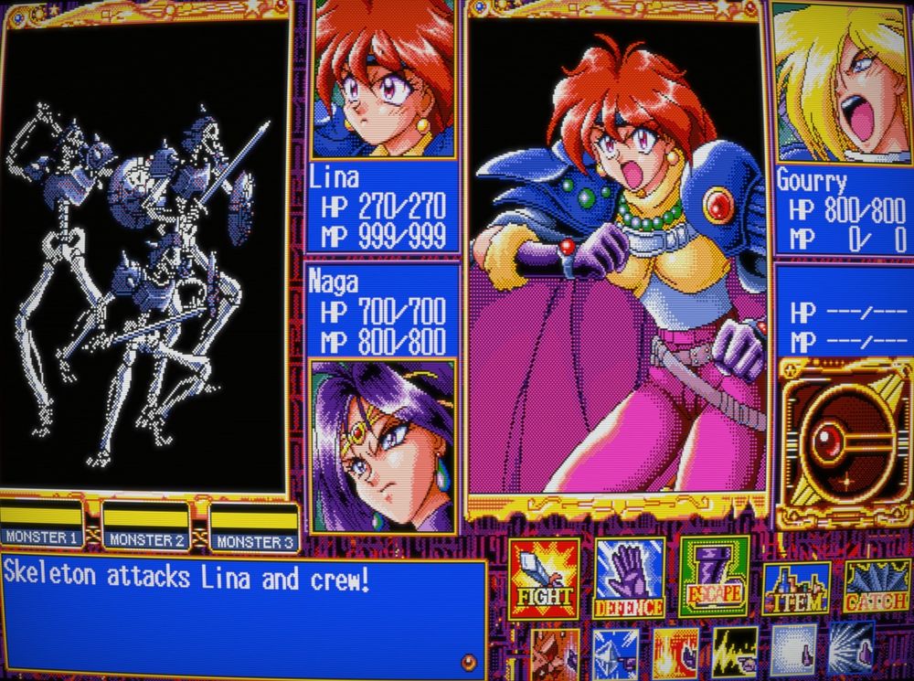 A snapshot from the Slayers game for PC-98 with Lina facing off against a gaggle of skeletal warriors in the battle screen phase of the game
