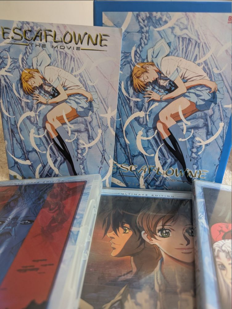 A photo the Ultimate boxset release of Escaflowne the Movie with 3 DVDs in cases, a booklet, and a hard cardboard case in which it all goes. Hitomi and feathers feature prominently on the cover artwork