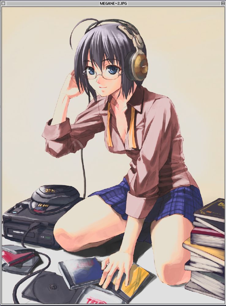 Anime style artwork of a gal wearing glasses, a maroon blouse, blue checked skirt, and with short greyish black hair, kneeling beside a Japanese Mega Drive with 32X, Mega CD Mark 1, and a pile of music CDs in front of her, cases open. She's listening to them with a pair of headphones plugged into the Mega Drive. 