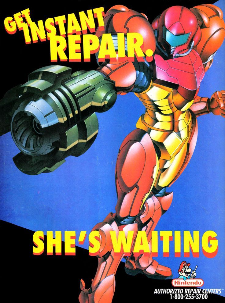 A magazine ad for one of Nintendo's early 90s service centres to take your faulty NES or SNES, with Samus brandishing her arm cannon. 