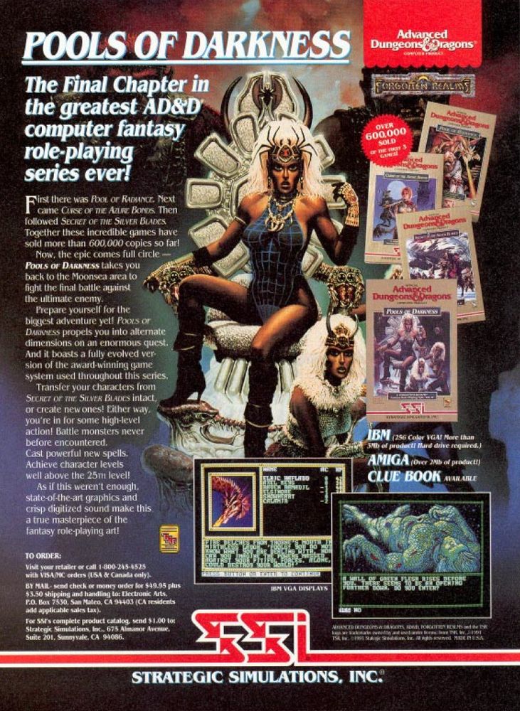 Pools of Darkness ad with the 80s-90s drow with leotards and poofy white hair and lots of bling on a throne. Plus gameplay screenies and bling!