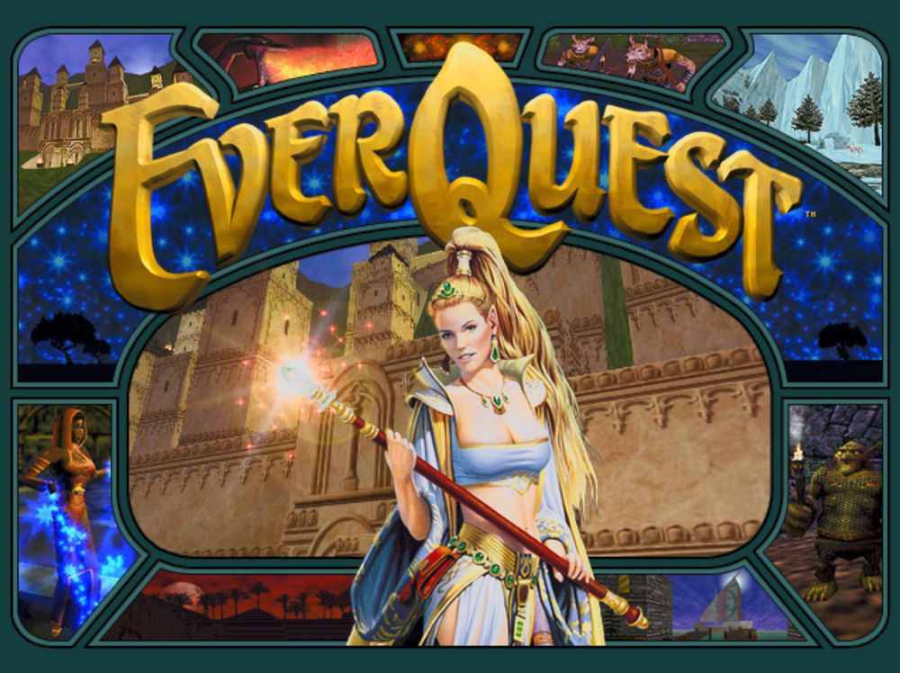 The EverQuest loading screen from the release version with the iconic illustration of a blonde haired elf lady mage wearing skimpy pale blue and gold silks a with a gorgeously vibrant muti-window display showing sneak peeks of various landscapes and enemies.