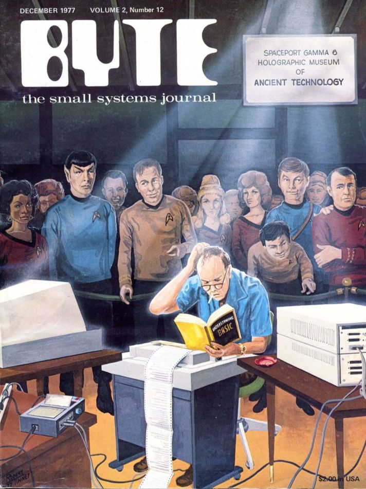 An illustration starring the TOS Star Trek crew observing a late 70s office and computers through glass in a far future museum.