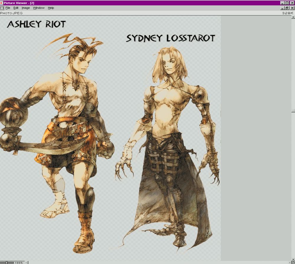 A snap of an image file of illustrations of Ashely Riot and Sydney Losstarot as illustrated by Akihiko Yoshida