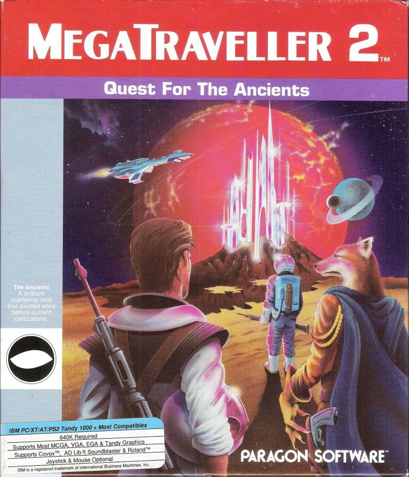 The cover of Paragon Software's MegaTraveller 2, IBM PC release, with a canine Vargyr , a male human with brown hair , and someone ahead of them in combat armour or an armoured vac suit, standing before a crystaline structure glinted against a red sun with a starship flying over.