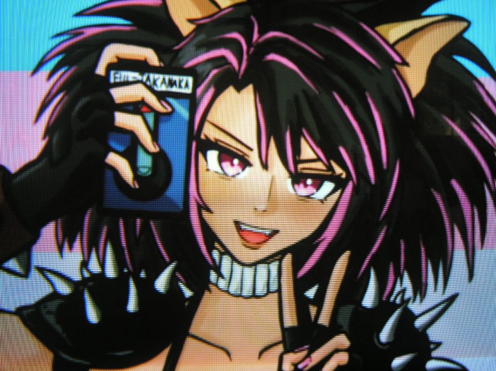 My new avatar, a commissioned piece of artwork of Puma Sisters' esque wild 80s/90s catgirl with black hair and purple-pink highlights, purple eyes, and spiky shoulder pads. She's giving a V-sign and holding up some retrofuturistic floppy disk tech.