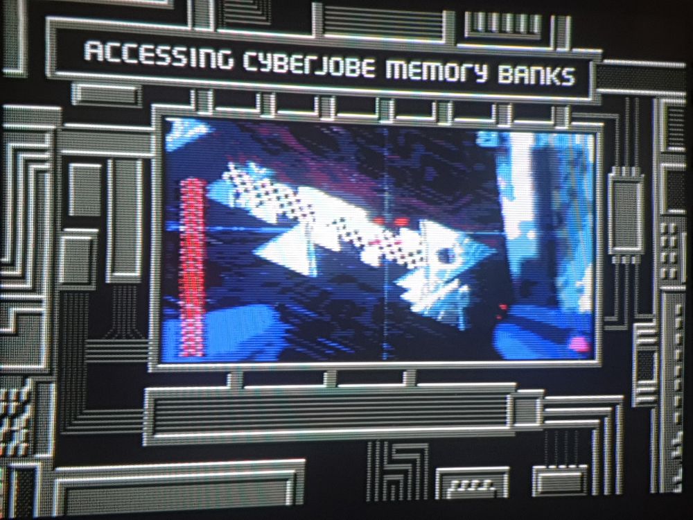 A first person depiction of a cyberspace memory bank with lots of circuitry panels dvd stuff around it 