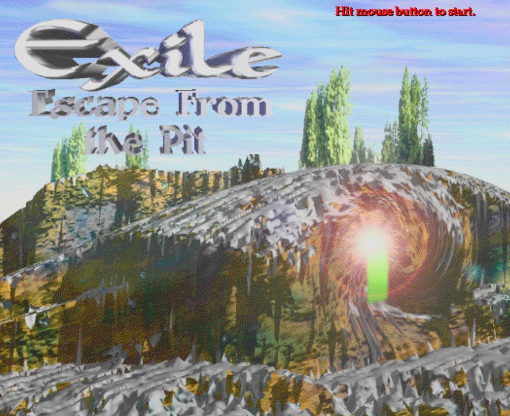 The splash screen for Exile: Escape from the Pit with a rocky landscape with a lens flare and trees visible beneath a cloudy blue sky.