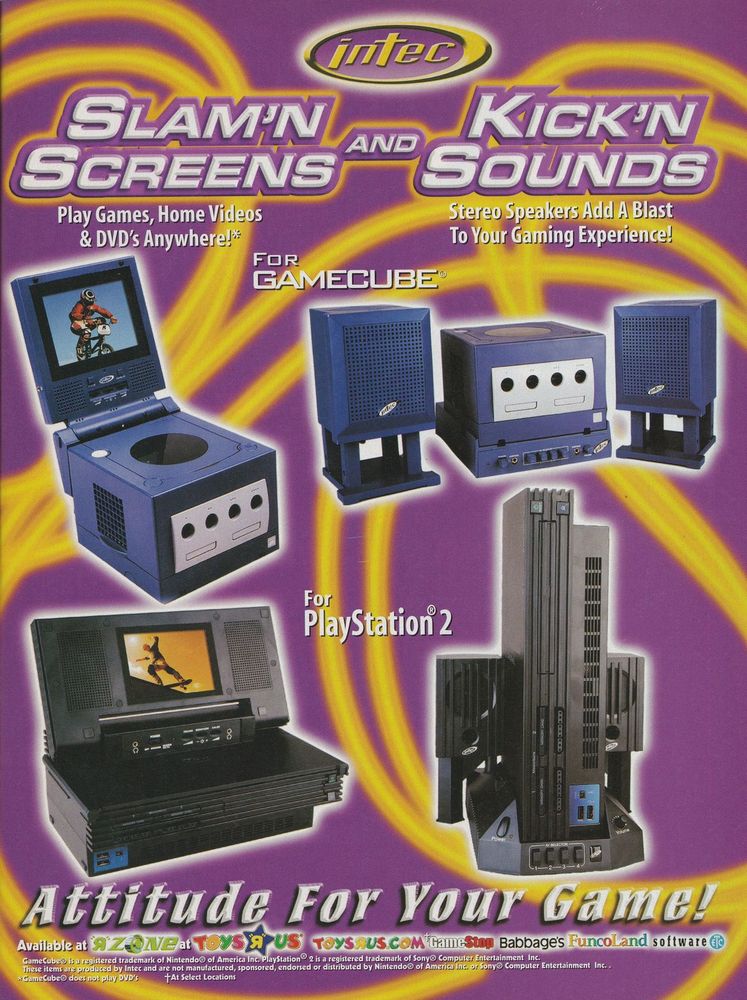 An ad for Intec's Slam'n screens and Kick'n sounds, with photos of various speakers and connectable LCD screens and speaker systems. Attitude For Your Game!