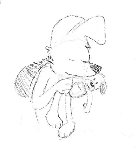 very rough sketch of cartoon dog contentedly hugging a plushie that looks a little bit like him