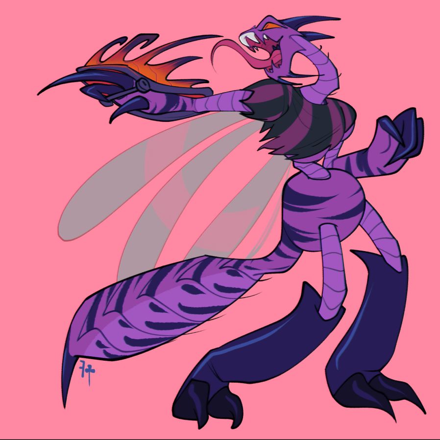 The Buzz Kep Bonnefie of Team Darigan, a purple tiger-striped, dragonfly-like anthro Neopet. She is striking a dramatic pose with her neck twisted to look behind her, yelling and pointing at something offscreen.
