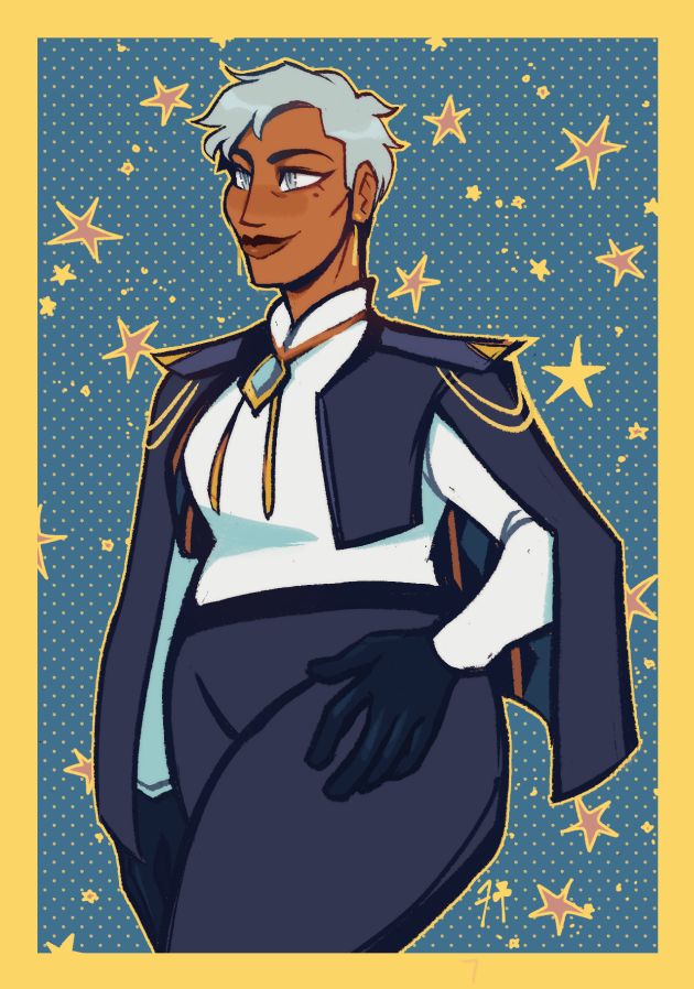 Portrait of an older Franziska, smiling and standing with her hand on her hip. She has darker tan skin, a stronger nose, and fuller figure than canon. Her hair is cropped short, and she has long gold dangling earrings. Over a white dress shirt, she's wearing her brooch on a bolo tie, and a really fancy black jacket-cape with gold epaulet chains. The inside of the jacket is patterned with gold stripes and blue diamonds. The background is a vivid sea blue, with yellow stars and border.
