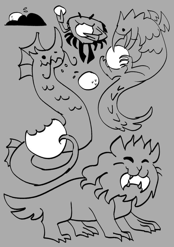doodle of seven moons and four (cute) monsters, each chomping at least one glowing white moon. the four moon-eaters are a sea-serpent, a bird-snake-dragon thing, a lion, and a crab (who is eating two moons). one uneaten moon is sweating stressed in the center of the monsters while another moon is hiding behind clouds in the corner.