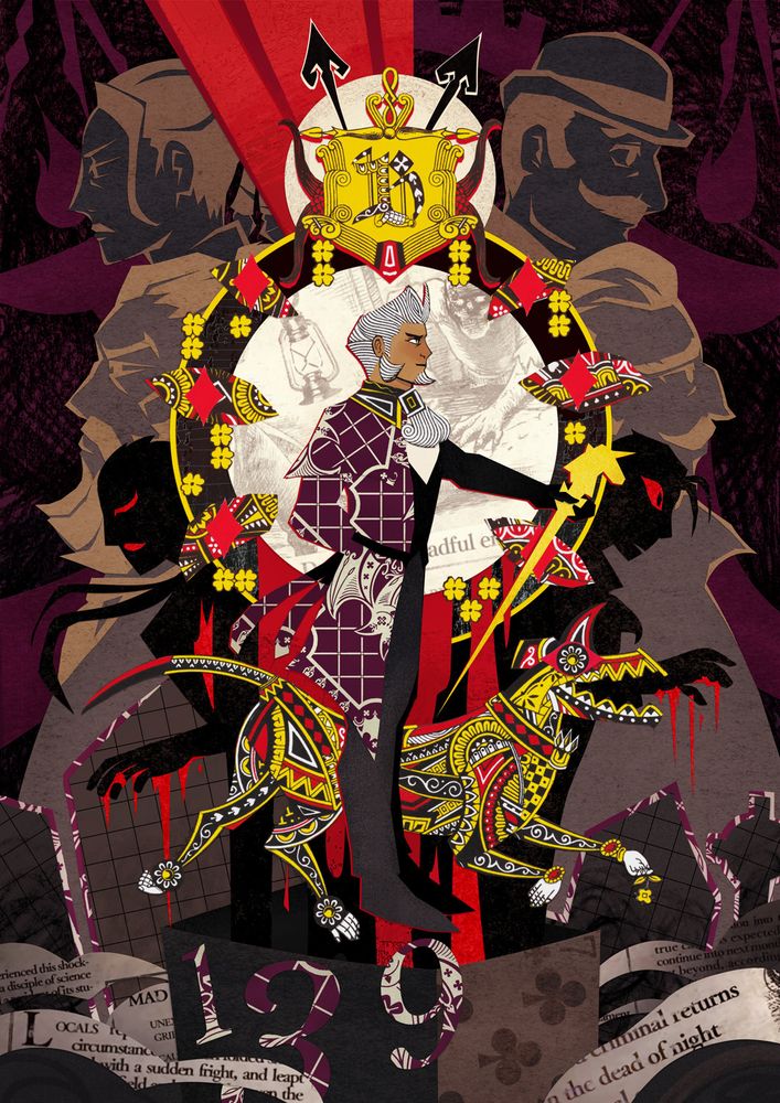 A complex digital collage with Mael Stronghart spotlighted in the center, holding his cane out and commanding a monstrous hound (Balmung) made out of playing cards—the dense yellow, red, and black patterns of the royal face cards, in particular. Behind the main figures are the black silhouettes of Genshin and Klimt, their eyes and hands dripping with blood red, and further back still are cutout portraits of Sithe, Jigoku, Gregson, and John Wilson.

Stronghart is haloed by a ring reminiscent of both Balmung's jeweled collar and a pocket watch face, with the Baskerville crest at the crown, and a cutout of the Professor newspaper drawing in the center, immediately around Stronghart's face. He is floating over an open box labeled #139 within an abstracted graveyard, foggy with clouds also made from the newspaper. 