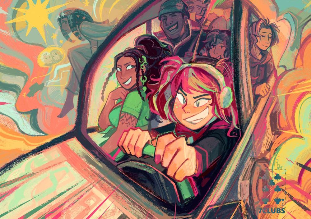 A colorful, scratchy painting of the ending scene of 999, with the SUV kicking up billowing clouds of sand as Clover devilishly smiles and drives like a madman. The perspective is very warped to show the cast inside the car. Lotus grins in the front seat, looking behind her, Seven is laughing heartily, Snake has the window down and is serenely enjoying the breeze, and Junpei is awkwardly squished in between them. In the very back is Ace, face scrunched and tied up. Sitting on the roof of the car is Alice smiling down on them, against a background of the sun and desert clouds. In the faint distance is another car, and trailing from it is a little bubble showing Santa and June's tiny winking faces.