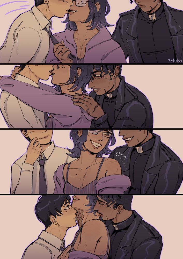 4 panel comic sequence of Han Sooyoung pulling Kim Dokja into a passionate kiss, with Yoo Joonghyuk then joining in to sandwich her in between them. The panels are cropped very narrowly vertically, often obscuring their eyes and instead focusing on their soft lips and body language.

1. Sooyoung smirks as she tugs Dokja in by his necktie, his slightly-parted lips landing on hers. Joonghyuk approaches her from behind with a smile.

2. Sooyoung embraces Dokja's shoulders and neck as they kiss more heavily, Dokja sticking his tongue out to Sooyoung's pursed lips. Joonghyuk leans in closer behind Sooyoung and nudges the hood of her jacket down to expose her neck, eyes burning with desire as his lips hover over her nape.

3. Sooyoung breaks away from the kiss with Dokja and looks to Joonghyuk with a grin as she shrugs her jacket off and exposes her neck and shoulders fully, wearing only a thin striped camisole beneath. Joonghyuk hungrily grins back. Dokja meanwhile simply smiles sweetly at the two as he scratches at the corner of his lips, which have a bit of Sooyoung's lipstick smudged on them.

4. The two press closer against Sooyoung. Joonghyuk moves in, eyes closed, biting and licking Sooyoung's nape. Joonghyuk is cradling her neck and jaw with his hand and tilting her head back, exposing the front of her neck to Dokja as well. Dokja moves in under Sooyoung's neck to kiss Joonghyuk's hand on it, and rests his own hand casually on one of her breasts. Dokja looks to her with reverence. Sooyoung's lips are softly open in pleasure.