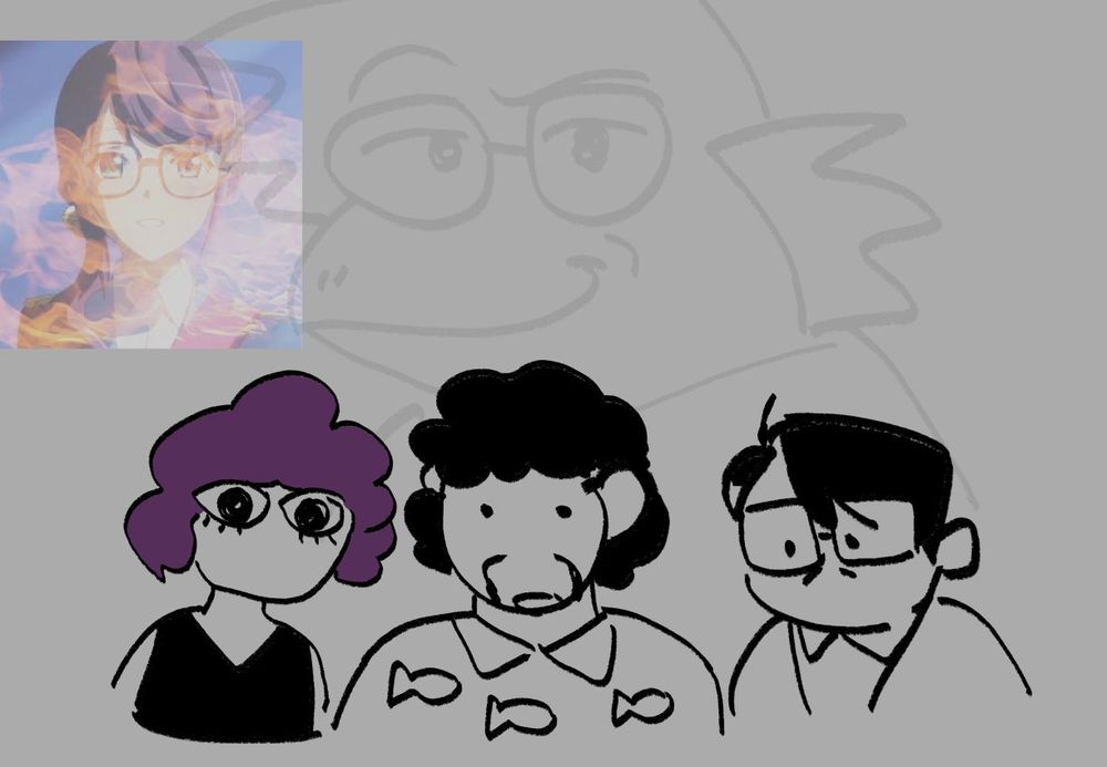 doodle of three shocked oomfies with an ominous grovey 7clubs fishsona in the background. a jpg of junna hoshimi is there too. she is on fire
