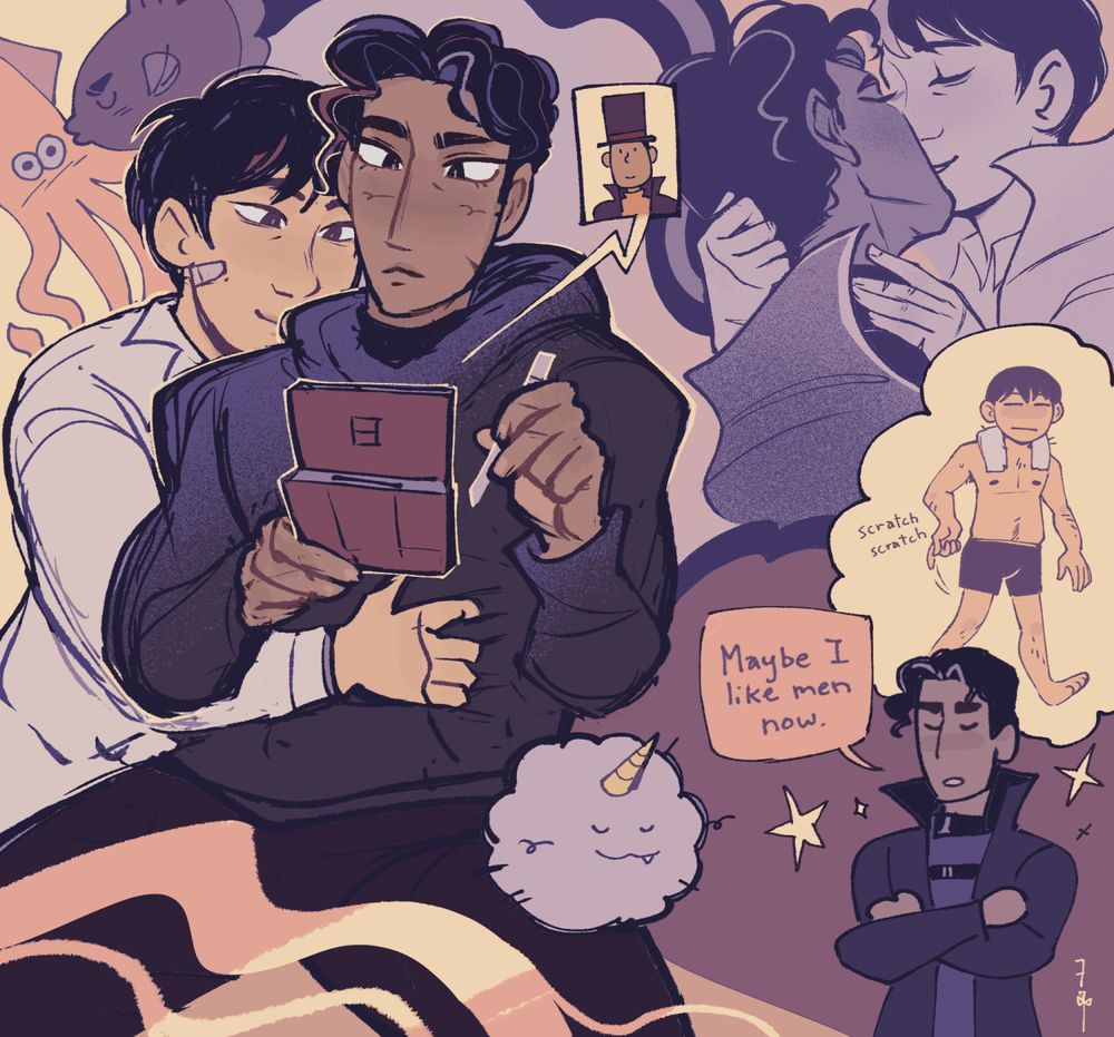 A page of many Joongdok doodles. The main image is of a focused-looking Joonghyuk playing Professor Layton on a nintendo ds while Dokja watches from behind. Dokja's resting his face on Joonghyuk's shoulder and has an arm wrapped around his waist. Biyoo is also sitting asleep on Joonghyuk's thigh. Around them are smaller doodles of 1. a very cartoony sunfish smooching a surprised, blushing squid, 2. Dokja and Joonghyuk tenderly kissing each other, with Dokja's hands cradling Joonghyuk's neck and playing with his hair, and 3. Joonghyuk announcing "Maybe I like men now" with his arms crossed while a thought bubble shows a Dokja of questionable attractiveness, fresh from a bath with only boxers on, scratching his butt.
