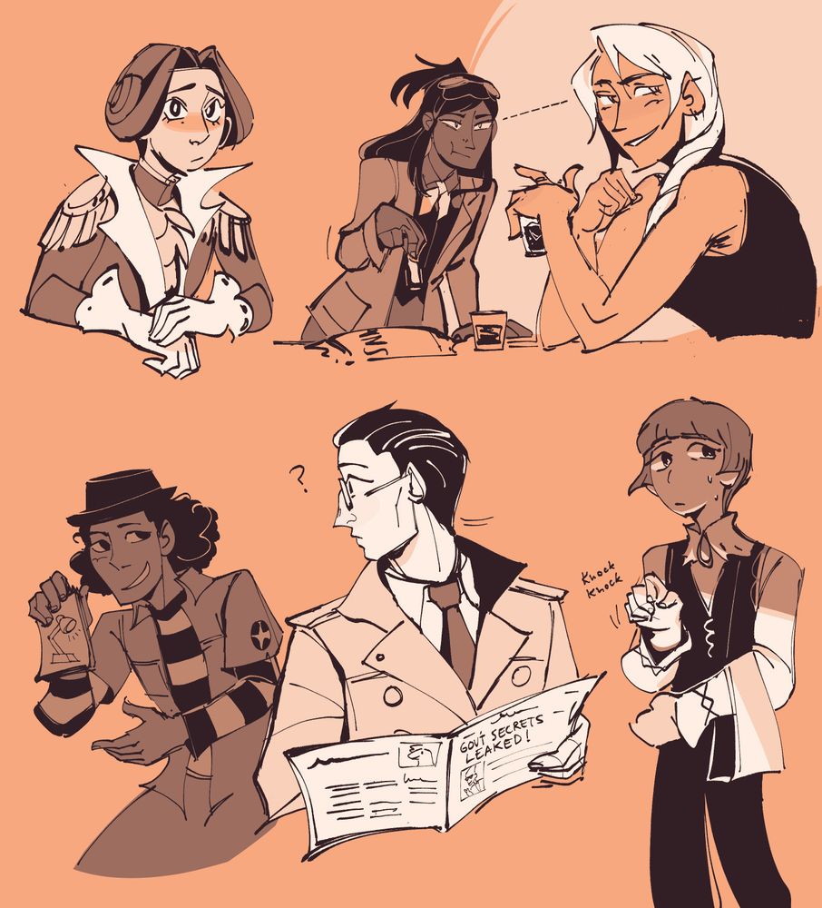 Orange/brown sketches on a page. 1. Ron Delite, looking at the viewer with big sad puppy eyes as he fidgets with his gloves 2. Klavier, smiling and casual in a sleeveless black top, drink in hand as he looks off to the side. Meanwhile, Ema is in the background with a snackoo in hand, staring at his head and calculating how to throw said snackoo at him. 3. Gregory Edgeworth turning his head suddenly from his newspaper, curious at what young Eddie Fender is trying to show him. Eddie has a notepad with Ray the Lamp from Ghost Trick in it. (This made more sense in the fan translation.) Edgeworth's newspaper headline says "Gov't secrets leaked!" and has a picture of the man in red in it.) 4. Jean Greyerl, head in dramatic shadow, looking nervous and sweating as she knocks on an implied door.