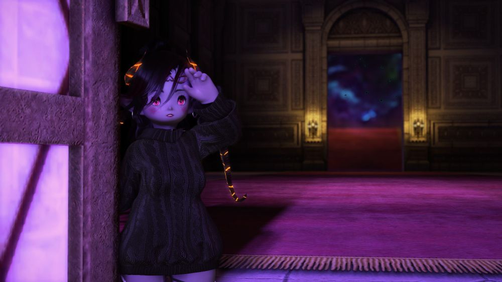 Brighid, a Lalafell-proportioned succubus with pale lavender skin of the void with a short front set and long back set of cracked horns mended with fire aether, brushing the wispy bangs of her otherwise ponytailed black and deep red-tipped hair, looking out a window in one of the hallways of the Fell Court of Troia. Her curvy body is covered only by a long, black sweater with loose lantern sleeves and stockings, and her red eyes seem transfixed past the camera onto a distant horizon.