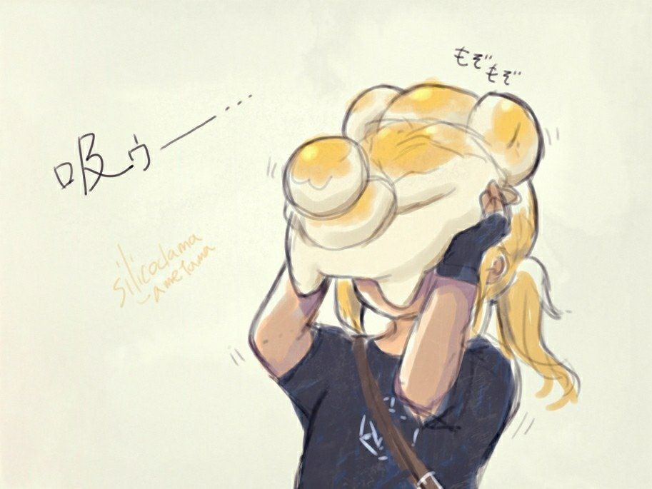 パピモッチの腹に顔を埋めて息を吸うポケGOプレイヤーのイラスト