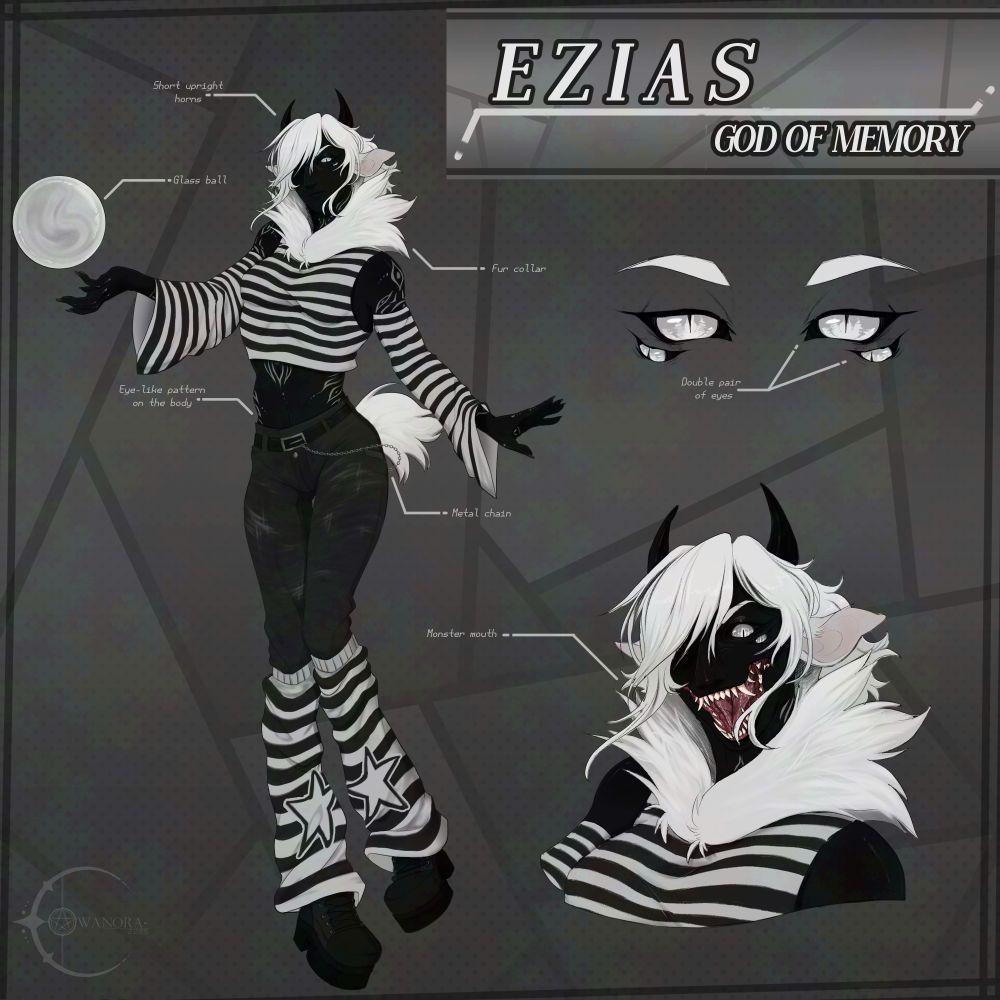 Black (as in color black) skinned humanoid with lamb ears and tail, fully dressed in black and white