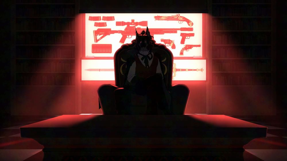 Office with a cat anthro looking straight at camera, with a lot of gun behind them and a strong red light