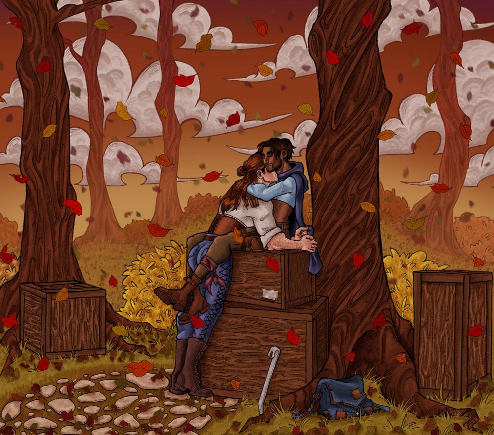 Ilustração de um bosque outonal com arvores altas e alguns caixotes de madeira expalhados, no centro da imagem meu personagem Nikho está sentado em cima de dois caixotes empilhados abraçado ao Leo. No chão alem de varias folhas secas caidas também tem um pe de cabra apoiado no caixote e uma bolsa azul escura surrada do Nikho.