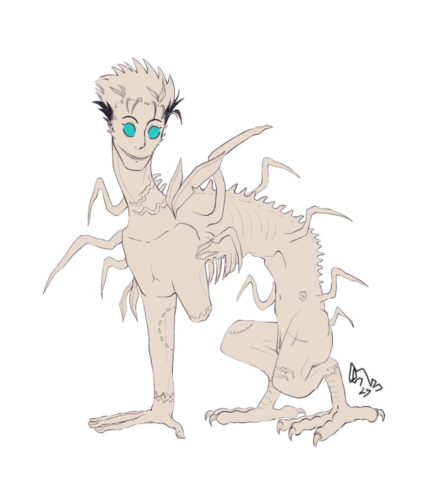 a drawing of a monstrous, eldritch cryptid version of vash. he's skeletal, with a long body, a humanoid hand with too long fingers, and bird feet. He's covered in scars and featherless wings. some rare feathers stick to his body. there's a gaping opening in his ribcage. he's got pupil-less teal eyes, a long mouth and sharp teeth.