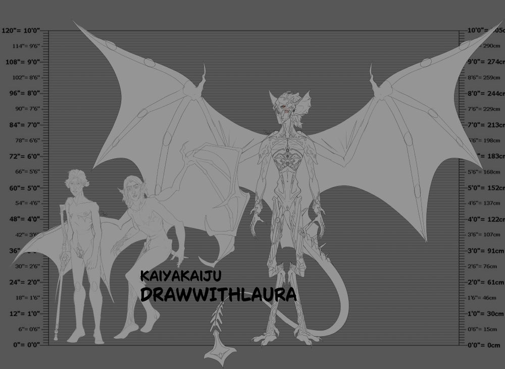 A drawing by Kaiya Kaiju of their alternate universe Viktor (from Arcane)  transformation, stage one is Viktor with slightly pointed ears. Stage two his ears are longer, and he has wings and claws. Stage three shows the Machine Herald but as a Vampire, his legs are digitgrade now, and he has a long tail plus large wings.