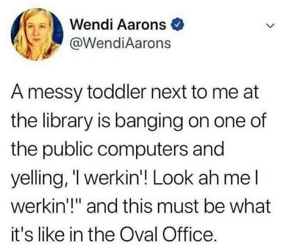 Source: WendiAarons on Threads

 A messy toddler next to me at the library is banging on one of the public computers and yelling, 'l werkin'! Look ah me I werkin'!" and this must be what it's like in the Oval Office.