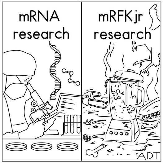 1 - mRNA research - scientist doing labwork looking in microscope and there are scientific things all around her

2 - mRFKjr research - pic of  hawk coming down, an alligator's mouth, a chainsaw, a stinky blender with bones and stuff all around it.

Artist: ADT