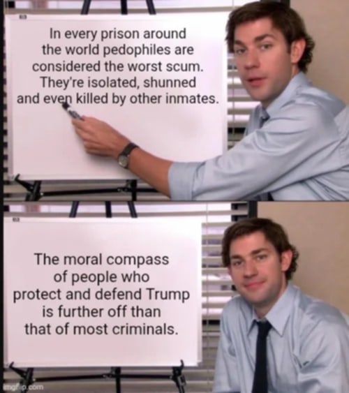 jim from the office pointing at a board

1 - In every prison around the world pedophiles are considered the worst scum. They're isolated, shunned and even killed by other inmates.

2 - The moral compass of people who protect and defend Trump is further off than that of most criminals.