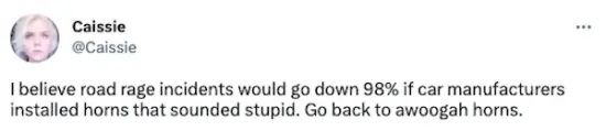 @Caissie I believe road rage incidents would go down 98% if car manufacturers installed horns that sounded stupid. Go back to awoogah horns.