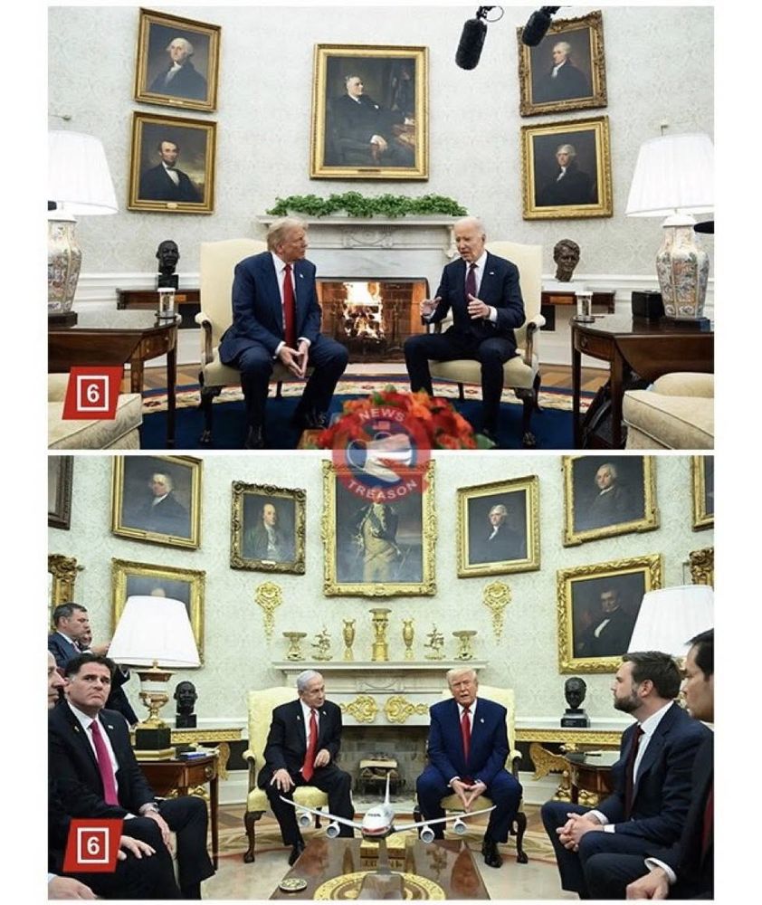 a pic of before and after - white house oval office - the first picture the walls are white except for portraits - but the after photo is vomited in gold
