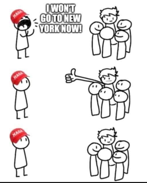 1 - guy in maga hat 'i won't go to new york now' and people are talking without him
      
2 - one person gives him thumbs up while others look at him
        

3 - they go back to ignoring him