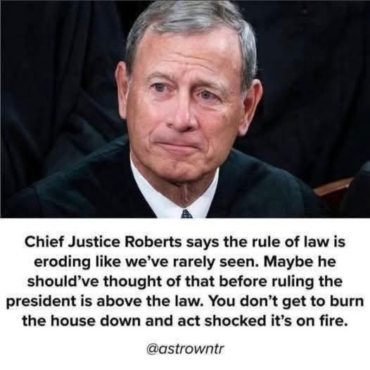 Chief Justice Roberts says the rule of law is eroding like we've rarely seen. Maybe he should've thought of that before ruling the president is above the law. You don't get to burn the house down and act shocked it's on fire. @astrowntr