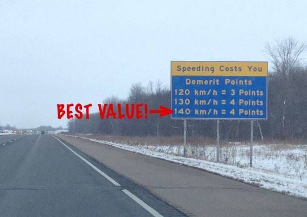 highway sign that says speeding costs you - demerit points - 
120 km/h = 3 points   
130 km/h = 4 points
140 km/h = 4 points   (best value)