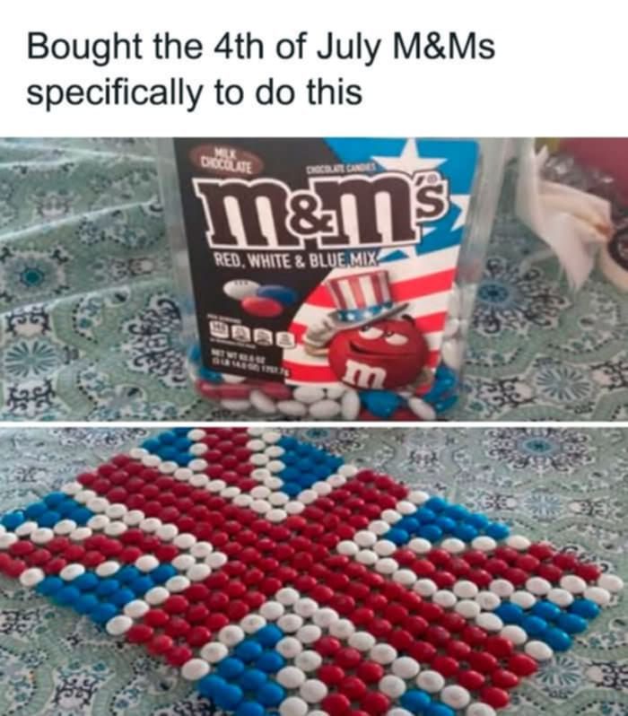 bought the 4th of july M&Ms specifically to do this:

pic of British / UK flag made from red white and blue M&Ms