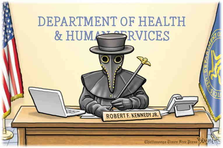 Department of Health and Human Services behind a plague doctor sitting at an oval office desk that has the name card "Robert F Kennedy Jr."
