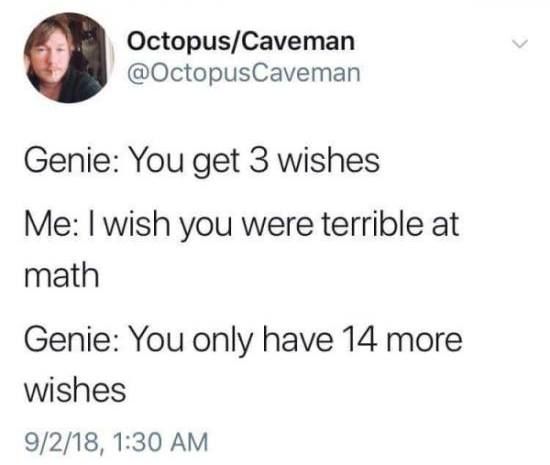 @octopuscaveman - 
genie: you get 3 wishes    
me: i wish you were terrible at math     
genie: you only have 14 more wishes