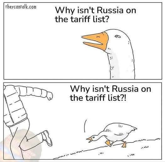 Goose saying why isn't Russia on the tariff list

Then goose chases guy screaming why isn't Russia on the tariff list?
