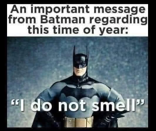 an important message from batman regarding this time of year: [pic of batman] "i do not smell"