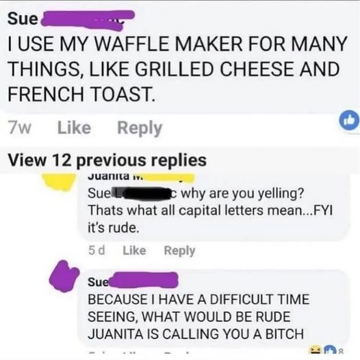 Sue - I USE MY WAFFLE MAKER FOR MANY THINGS, LIKE GRILLED CHEESE AND FRENCH TOAST.      

Juanita replied - Sue, why are you yelling? Thats what all capital letters mean...FYI it's rude.     

Sue replied - BECAUSE HAVE A DIFFICULT TIME SEEING, WHAT WOULD BE RUDE JUANITA IS CALLING YOU A BITCH