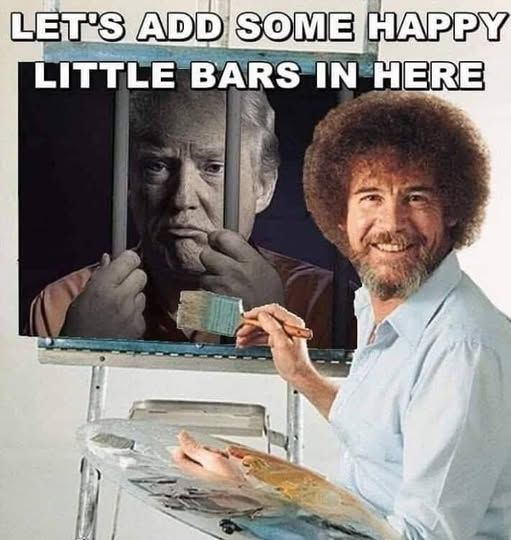 Bob ross painting trump behind bars let's add some happy little bars in here